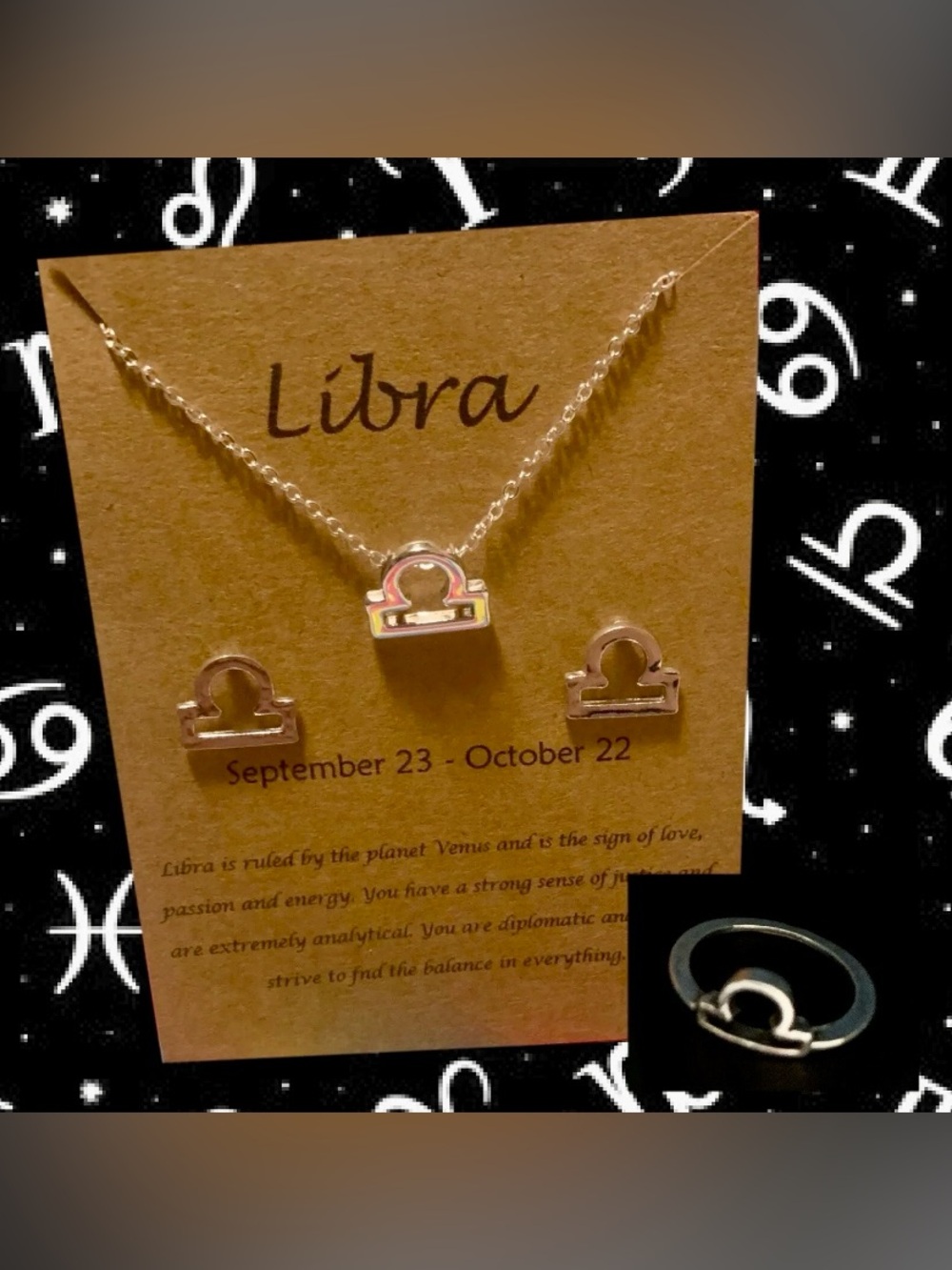 Libra Zodiac Necklace, Stud Earrings & Ring Set ♎️
